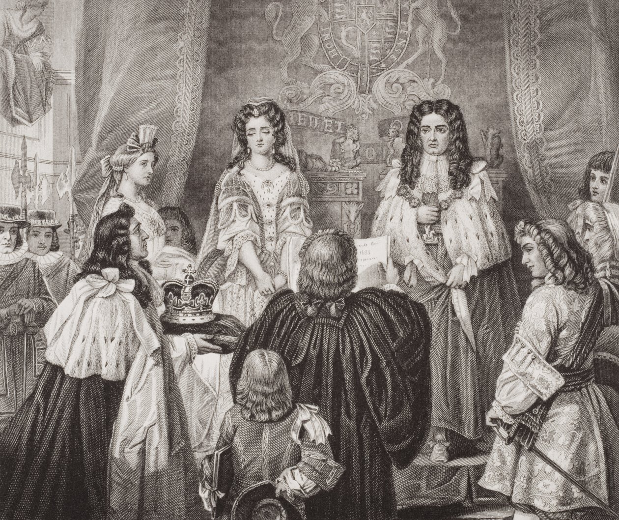 Kruunu, jonka Lords and Commons tarjosi Williamille ja Marylle Whitehallissa 12. helmikuuta 1689 julkaisusta "Illustrations of English and Scottish History" Volume II. tekijältä Edgar Melville Ward