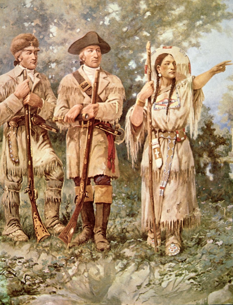 Lewis ja Clark Sacagawean kanssa (väri litho) (yksityiskohta) tekijältä Edgar Samuel Paxson