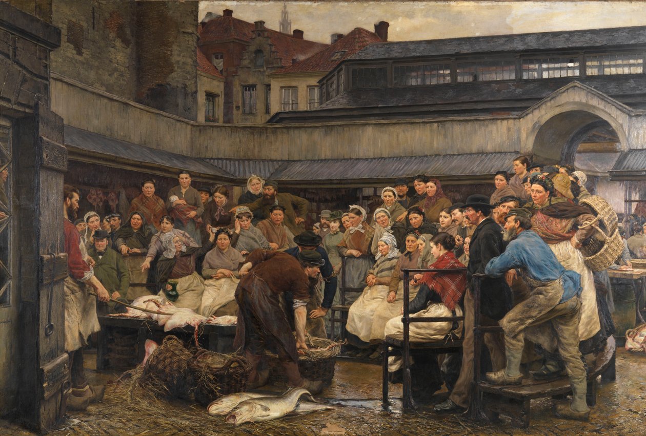 Antwerpenin vanhat kalamarkkinat vuonna 1882 (öljy kankaalle) tekijältä Edgard Farasyn
