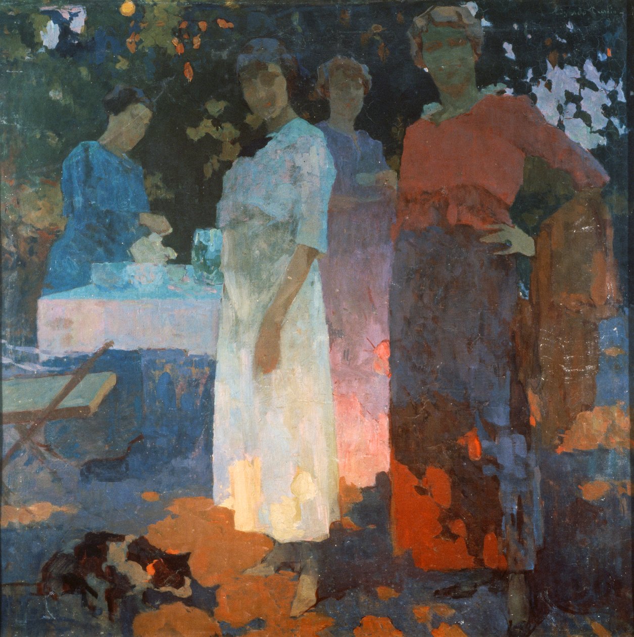 Aamiainen puutarhassa, Edgardo Curcio (1881-1923), öljy kankaalle, 82x82 cm. Italia, 1900-luku. tekijältä Edgardo Curcio