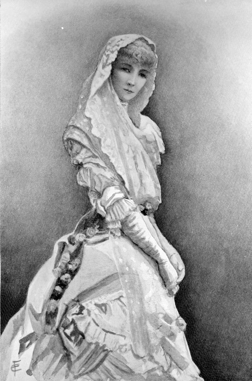 Sarah Bernhardt Marguerite Gautierina Alexandre Dumas Filsin La Dame aux Cameliasissa ensimmäisessä tuotannossa Yhdysvalloissa, n. 1880 tekijältä Edith Fithian