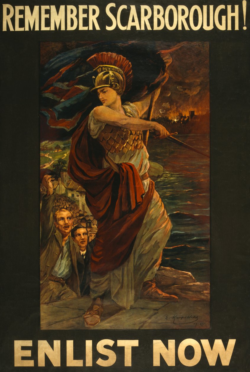 Rekrytointijuliste Remember Scarborough! Värväydy nyt, pub. 1914 tekijältä Edith Kemp Welch