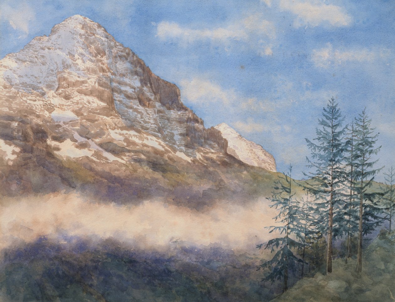 Eiger ja Schneehorn (akvarelli guassilla paperille) tekijältä Edith A. Paine