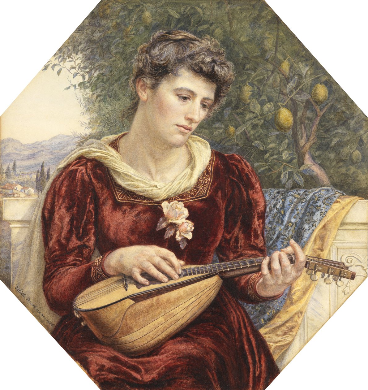 Touching the Strings, 1886 (lyijykynä, wc, vartaloväri ja arabikumi raapimalla) tekijältä Edith Martineau
