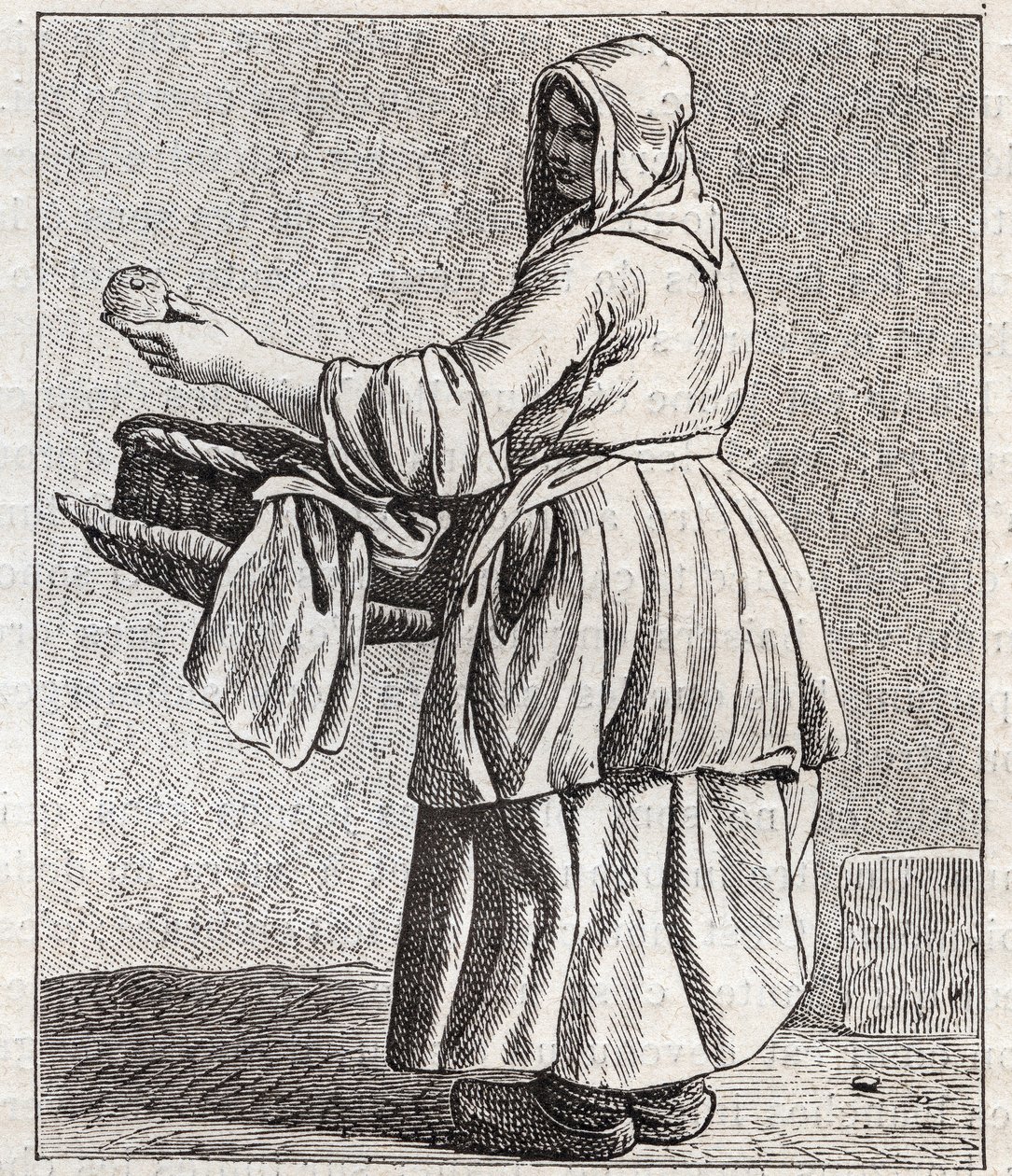Paistettujen omenoiden kauppias - Pepetit metier de Paris (Tutkimuksia alhaisista ihmisistä eli Pariisin kriisistä) - kaiverrus Edme Bouchardon (1698-1762) tekijältä Edmé Bouchardon