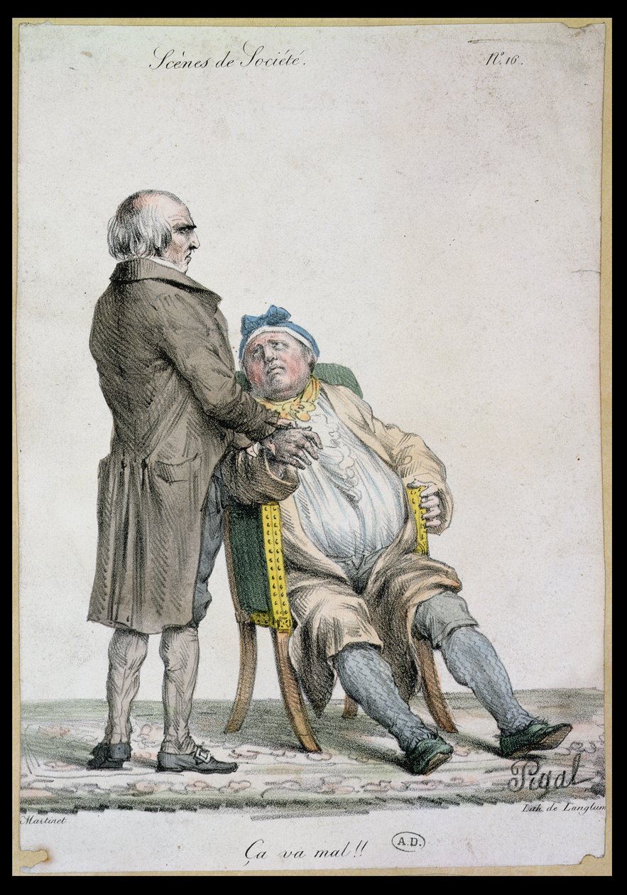 "Et voi kovin hyvin!", Kuvaus rikkaan miehen lääkäristä, kaiverrus Langlume (fl.1822-24) 1825 tekijältä Edme Jean Pigal