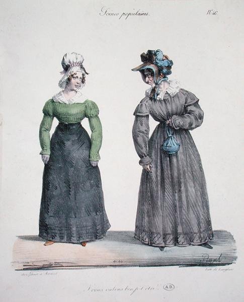 Karikatyyri mustasukkaisesta rakastajatarsta palvelijansa kanssa, levy numero 40 Scenes Populaires -sarjasta, kaiverrus Langlume, n. 1820 (väri litho) tekijältä Edme Jean (after) Pigal