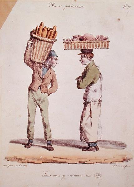Karikatyyri kahdesta nuoresta kauppiasta keskustelemassa, Moeurs Parisiennes -sarjan levynumero 72, kaiverrus Langlume, n. 1820 (väri litho) tekijältä Edme Jean (after) Pigal