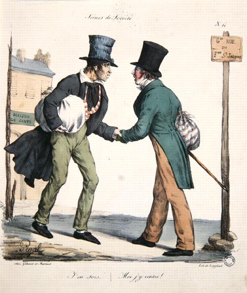 Toinen mies lähtee ja toinen palaa sairaalaan, karikatyyri sarjasta "Moeurs Parisiennes", Langlumen kaiverrus, noin 1825 (värilitografia). tekijältä Edme Jean (after) Pigal