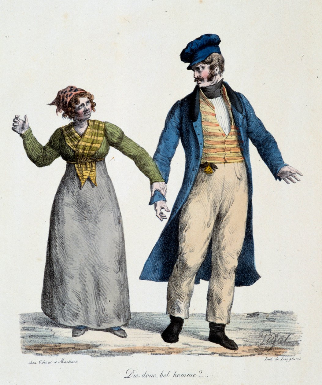 Prostituutio: "" Sano niin komea mies"" - Edme Jean Pigalin (1798-1872) suositut kohtaukset, litografia 1824 - Musee Dobree, Nantes tekijältä Edme Jean (after) Pigal