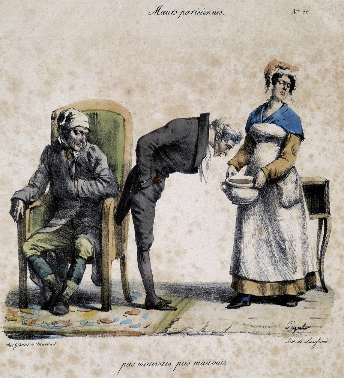 Sairas, kattilaan katsova lääkäri ja palvelija. Pigalin sarjakuva Pariisin moraalista (1800-luku), säilytetty Musee Dobree -museossa Nantesissa. tekijältä Edme Jean (after) Pigal