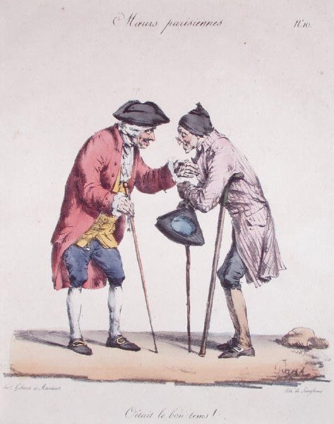 "Those Were the Old Good Days", karikatyyri "Moeurs Parisiennes" -sarjasta, kaiverrus Langlume, n. 1825 (väri litho) tekijältä Edme Jean (after) Pigal