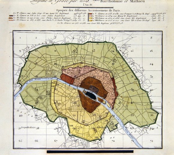 Yksityiskohta Atlas du Plan General de la Ville de Parisista, joka näyttää erilaiset lisäykset kaupungin historian aikana tekijältä Edme Verniquet