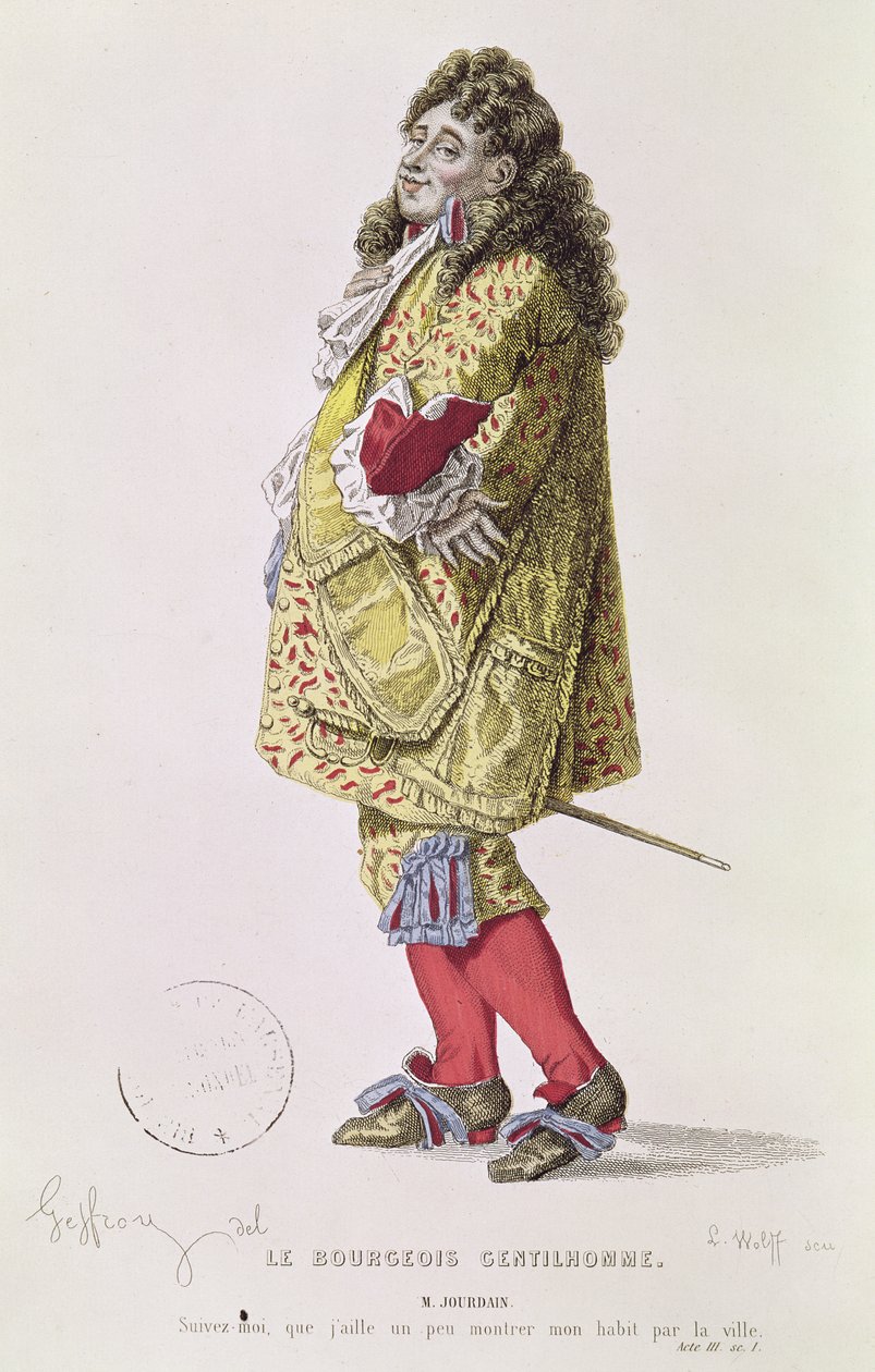 "Seuraa minua, jotta voisin hieman esitellä pukuani kaupungista", kuva Monsieur Jourdainista Molieren (1622-73) "Porvarillinen herrasmies" III näytöksestä 1, kaiverrettu Ludwig Wolff (1776) tekijältä Edmond A.F. Geffroy