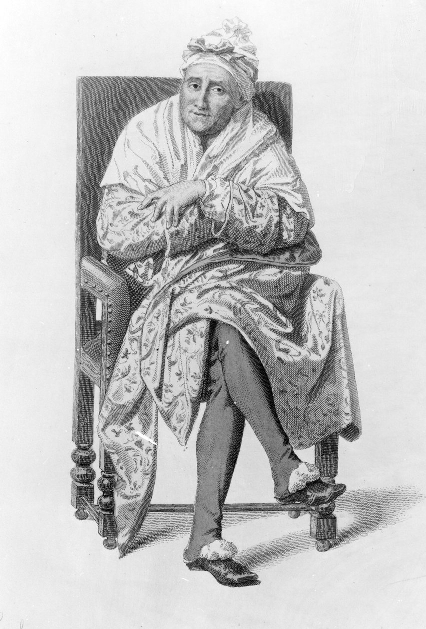 Arganin hahmo ensimmäisessä näytöksessä Scene II, Molieren elokuvasta "Le Malade Imaginaire", kaiverrettu Ludwig Wolff tekijältä Edmond A.F. Geffroy