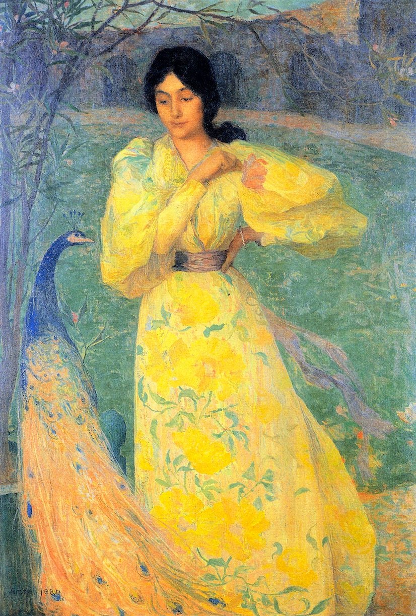 Giovane donna con pavone tekijältä Edmond Aman Jean