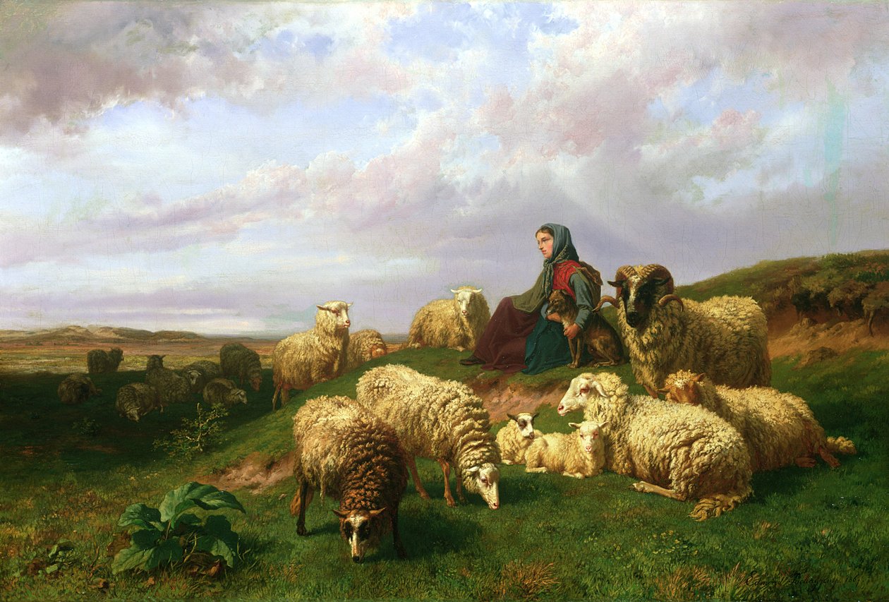 Paimentar lepää laumansa kanssa, 1867 tekijältä Edmond Jean Baptiste Tschaggeny