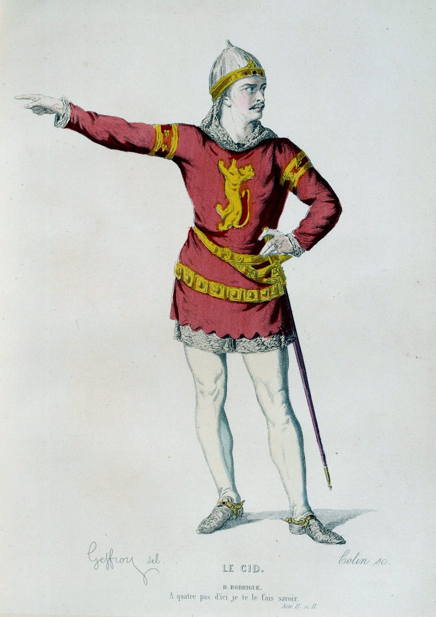 Puku Don Rodriguelle tai Le Cidille Pierre Corneillen (1606-1684) Le Cidin II näytöksen 2. kohtauksessa. Kuvitus Edmond Geffroy (1804-1895) 1800-luvun Pariisi, Comedie francaise tekijältä Edmond Aime Florentin Geffroy