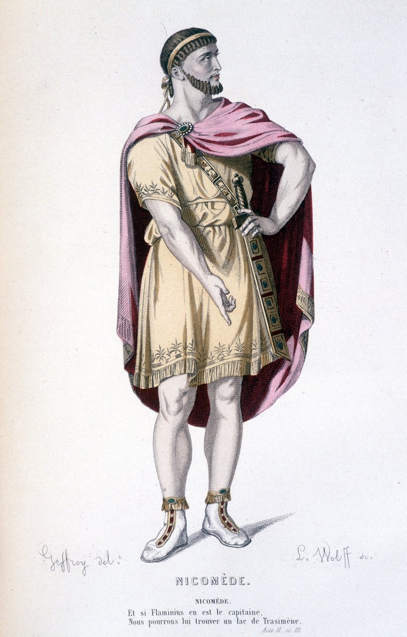 Nicomedes-hahmo tragediassa Nicomede - Full Theatre: (Corneillen näytelmien kokoelma) Geffroyn piirustus, L. Wolffin kaiverrus - toim. Laplace, Sanchez et Cie, Pariisi 1884 tekijältä Edmond Aime Florentin Geffroy