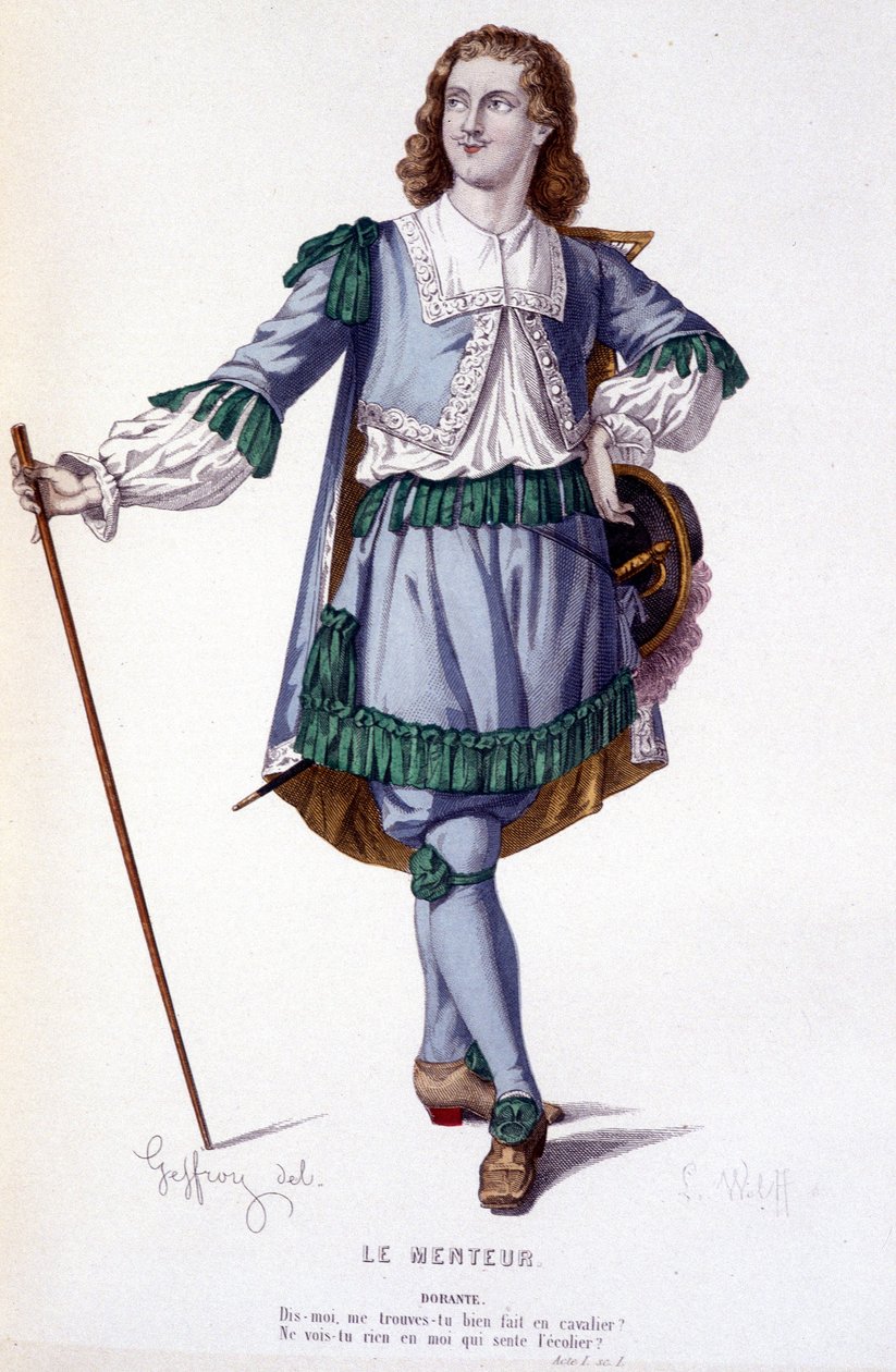 Dorante-hahmo komediassa Le Menteur - Full Theatre: (Corneillen näytelmien kokoelma) Geffroyn piirustus, L. Wolffin kaiverrus - toim. Laplace, Sanchez et Cie, Pariisi 1884 tekijältä Edmond Aime Florentin Geffroy