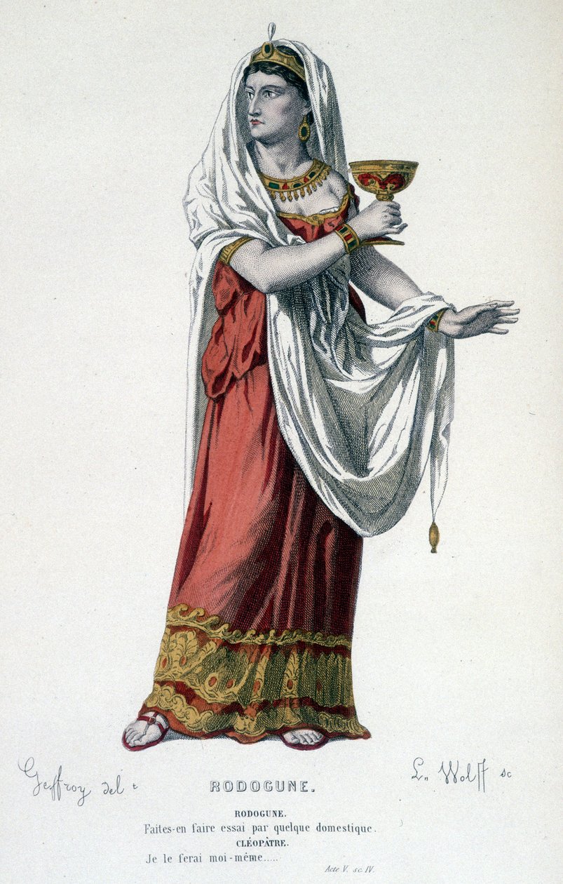 Kleopatren hahmo tragediassa Rodogune Princess des Parthes - Full Theatre: (Corneillen näytelmien kokoelma) Geffroyn piirustus, L. Wolffin kaiverrus - toim. Laplace, Sanchez et Cie, Pariisi 1884 tekijältä Edmond Aime Florentin Geffroy