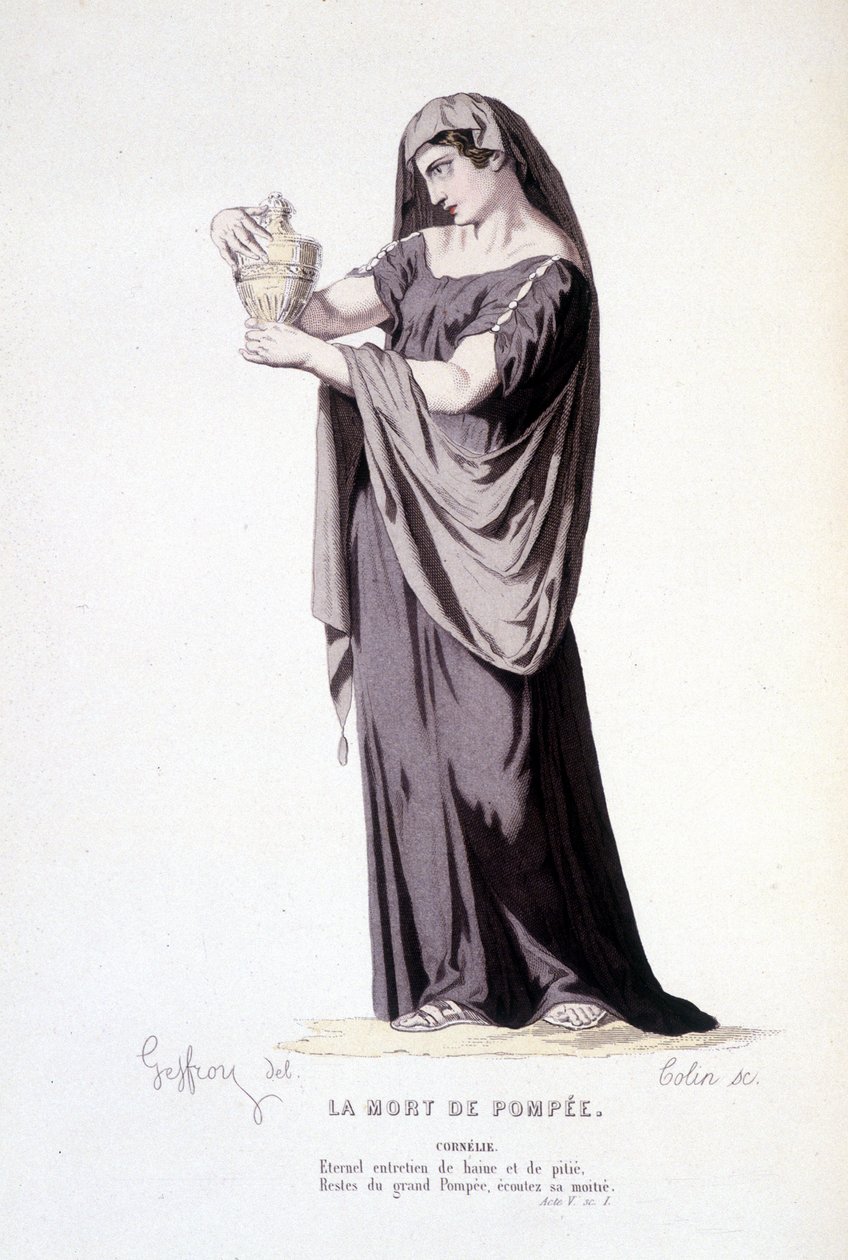 Cornelien hahmo teatterinäytelmässä La mort de Pompee - Theater complet: (Corneillen näytelmien kokoelma) piirustus Geffroy, kaiverrus Colin - toim. Laplace, Sanchez et Cie, Pariisi 1884 tekijältä Edmond Aime Florentin Geffroy