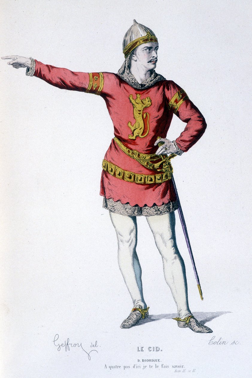 Don Rodriguen hahmo tragikomediassa Le Cid - Full Theatre: (Corneillen näytelmien kokoelma) Geffroyn piirustus, kaiverrus Colin - toim. Laplace, Sanchez et Cie, Pariisi 1884 tekijältä Edmond Aime Florentin Geffroy
