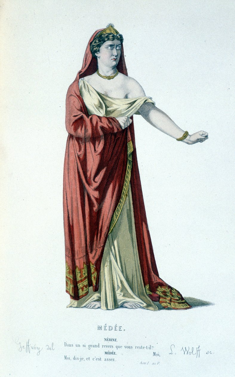 Medeen hahmo tragediassa Medee - Full Theatre: (Corneillen näytelmien kokoelma) Geffroyn piirustus, L. Wolffin kaiverrus - toim. Laplace, Sanchez et Cie, Pariisi 1884 tekijältä Edmond Aime Florentin Geffroy
