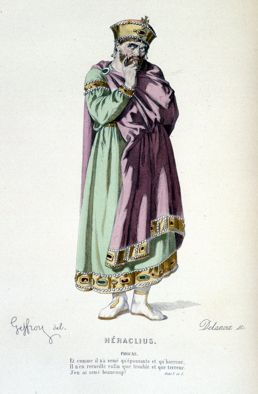 Phocasin hahmo tragediassa Heraclius - Täysi teatteri: (Corneillen näytelmien kokoelma) Geffroyn piirustus, kaiverrus Delanoix - toim. Laplace, Sanchez et Cie, Pariisi 1884 tekijältä Edmond Aime Florentin Geffroy