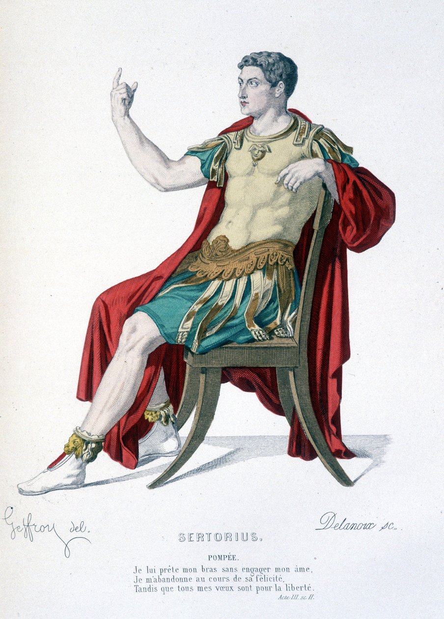 Pompeen hahmo teatteriteoksessa Sertorius - Full Theatre: (Corneillen näytelmien kokoelma) Geffroyn piirustus, kaiverrus Delanoux - toim. Laplace, Sanchez et Cie, Pariisi 1884 tekijältä Edmond Aime Florentin Geffroy