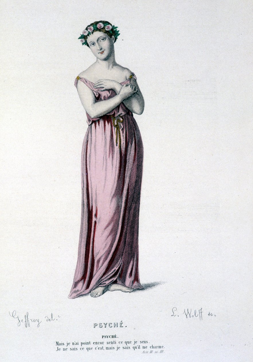 Psychen hahmo tragikomediassa ja baletissa Psyche, Moliere et Corneille - Full Theatre: (Corneillen näytelmien kokoelma) piirustus Geffroy, kaiverrus L. Wolff - toim. Laplace, Sanchez et Cie, Pariisi 1884 tekijältä Edmond Aime Florentin Geffroy