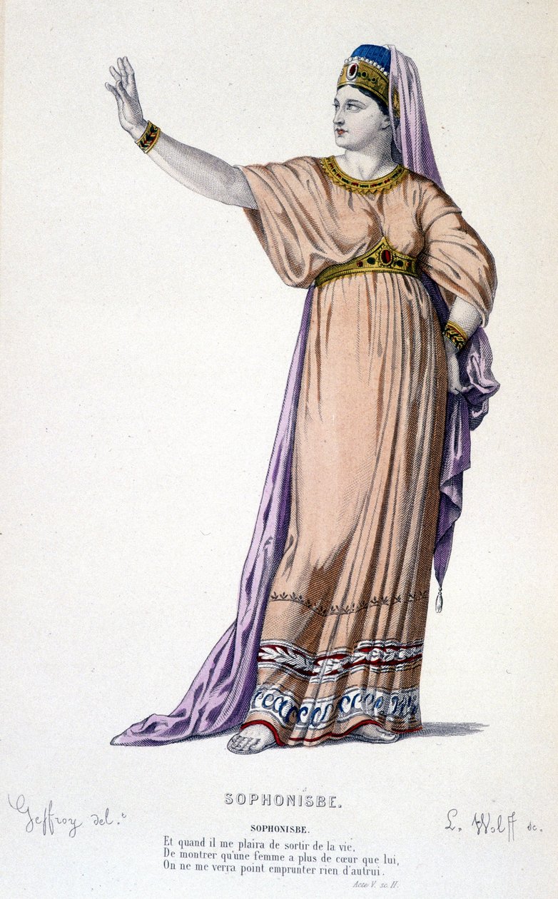 Sophonisben hahmo tragediassa Sophonisbe - Täysi teatteri: (Corneillen näytelmien kokoelma) Geffroyn piirustus, L. Wolffin kaiverrus - toim. Laplace, Sanchez et Cie, Pariisi 1884 tekijältä Edmond Aime Florentin Geffroy