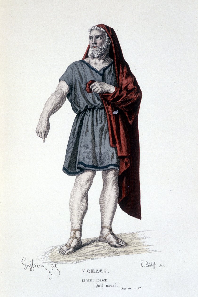 Vanhan Horatian hahmo tragediassa Horace - Full Theatre: (Corneillen näytelmien kokoelma) Geffroyn piirustus, L. Wolffin kaiverrus - toim. Laplace, Sanchez et Cie, Pariisi 1884 tekijältä Edmond Aime Florentin Geffroy