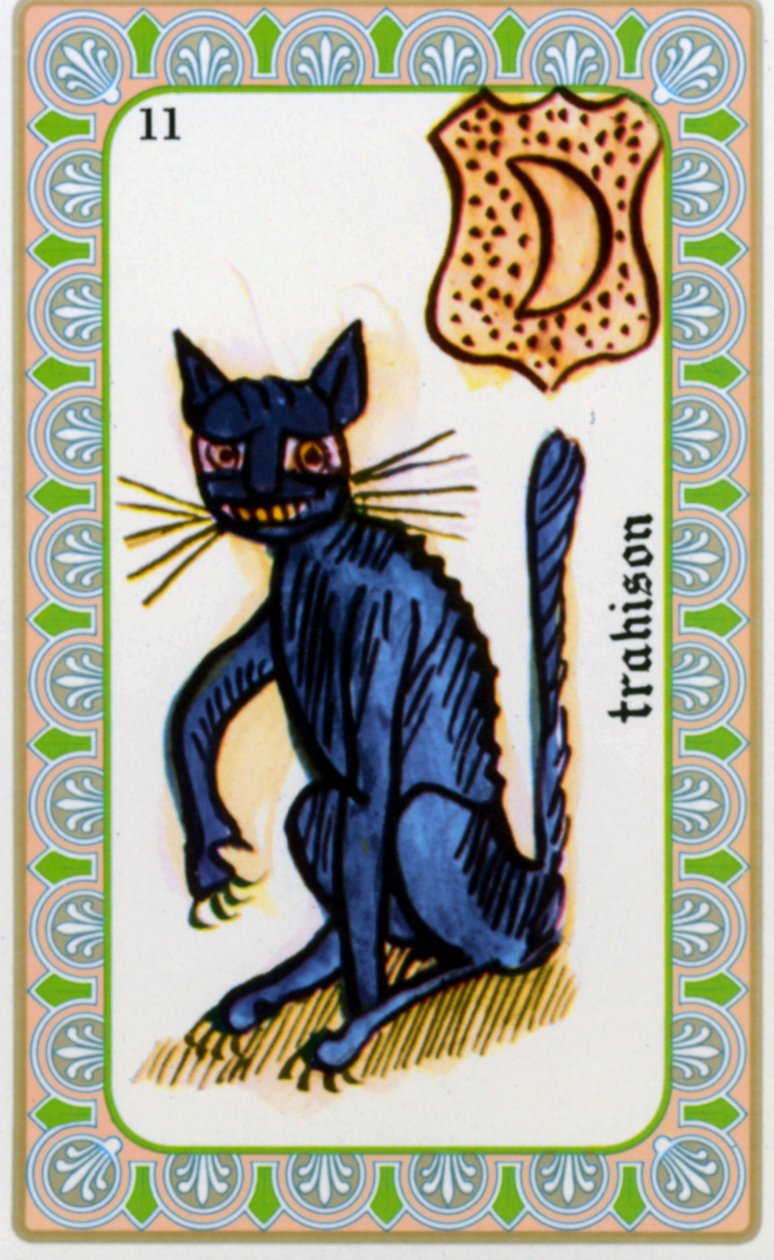 Magus tarot Belline piirtänyt Edmond Billaudot c. 1845 ja annettu selvänäkijä Bellinelle uudelleen julkaistavaksi: petoksen kortti: kissa tekijältä Edmond Billaudot