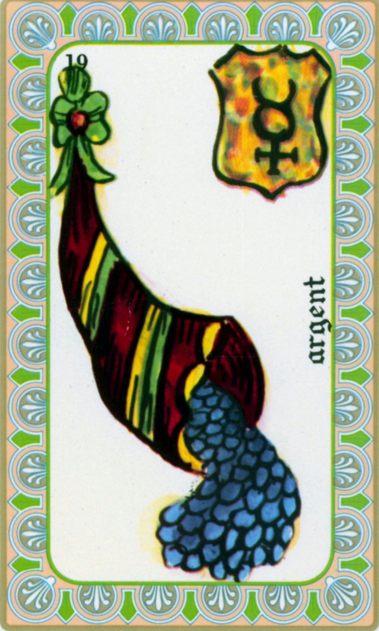 Magus tarot Belline piirtänyt Edmond Billaudot c. 1845 ja annettiin selvänäkijä Bellinelle uudelleen liikkeeseen laskettavaksi: rahakortti: kolikot runsauden sarvessa tekijältä Edmond Billaudot