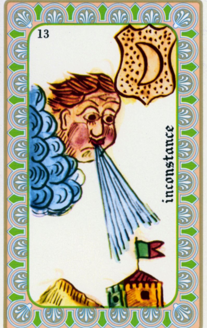 Magus tarot Belline piirtänyt Edmond Billaudot c. 1845 ja annettiin selvänäkijä Bellinelle uusintajulkaisua varten: epävakaisuuden kortti: tuuli puhaltaa tekijältä Edmond Billaudot