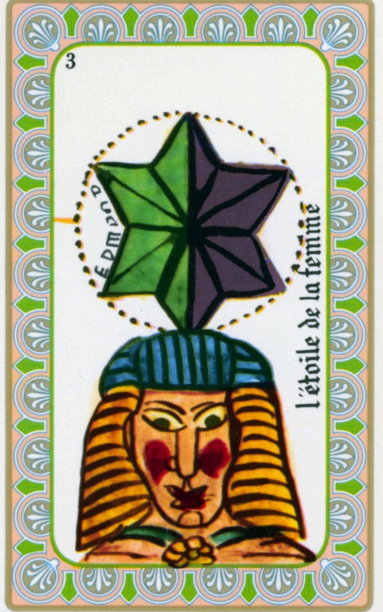Magus tarot Belline piirtänyt Edmond Billaudot c. 1845 ja annettu selvänäkijä Bellinelle uudelleen julkaistavaksi: naisen tähden kortti tekijältä Edmond Billaudot