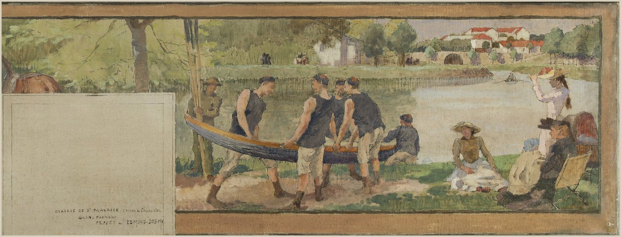 Saint-Mauricen kaupungintalon luonnos: Maisema. Les bords de la Marne (kylätaloa varten), vuosina 1890-1892 (öljy, muste, kangas). tekijältä Edmond Debon