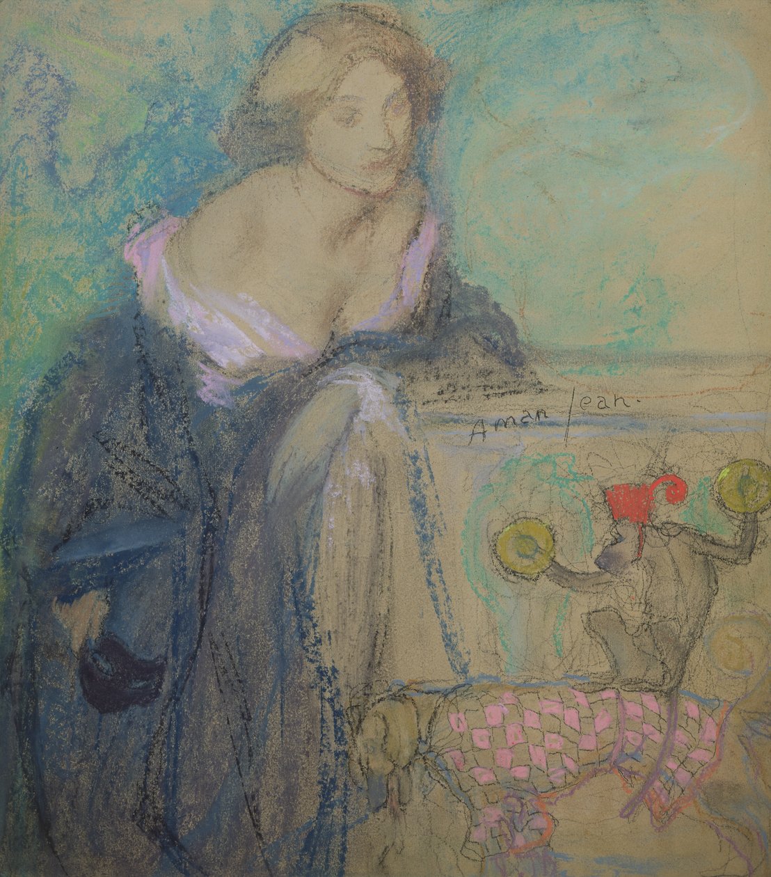 Nainen naamion kanssa, 1911 (pastelli paperille) tekijältä Edmond François Aman Jean