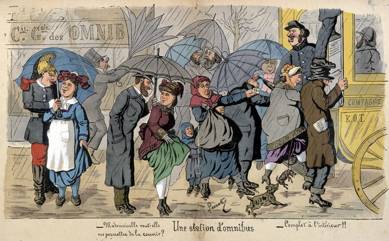 Omnibussiasema sateessa - Lavraten humoristinen piirros noin vuodelta 1880 tekijältä Edmond Lavrate