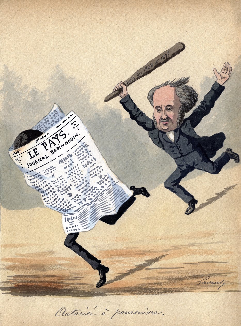 "Valtuudet syytteeseenpanoon", karikatyyri vuoden 1875 lehdistölaista Ranskassa (värilitografia). tekijältä Edmond Lavrate