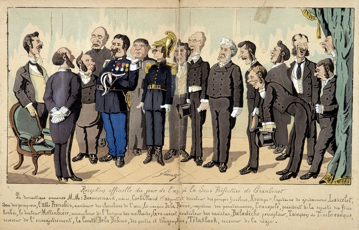 Lavraten sarjakuva ranskalaisesta yhteiskunnasta: eri hahmoja julkishallinnosta, hallintopalveluista... virallisessa vastaanotossa. 1880 tekijältä Edmond Lavrate