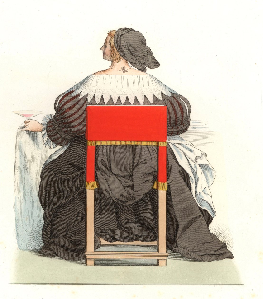 Ranskalainen nainen 1600-luvulla, Abraham Bossen (1602-1676) kaiverruksesta - Litografia Edmond Lechevallier-Chevignardin (1825-1902) kuvituksesta "Costumes historiques des 16th" tekijältä Edmond Lechevallier Chevignard