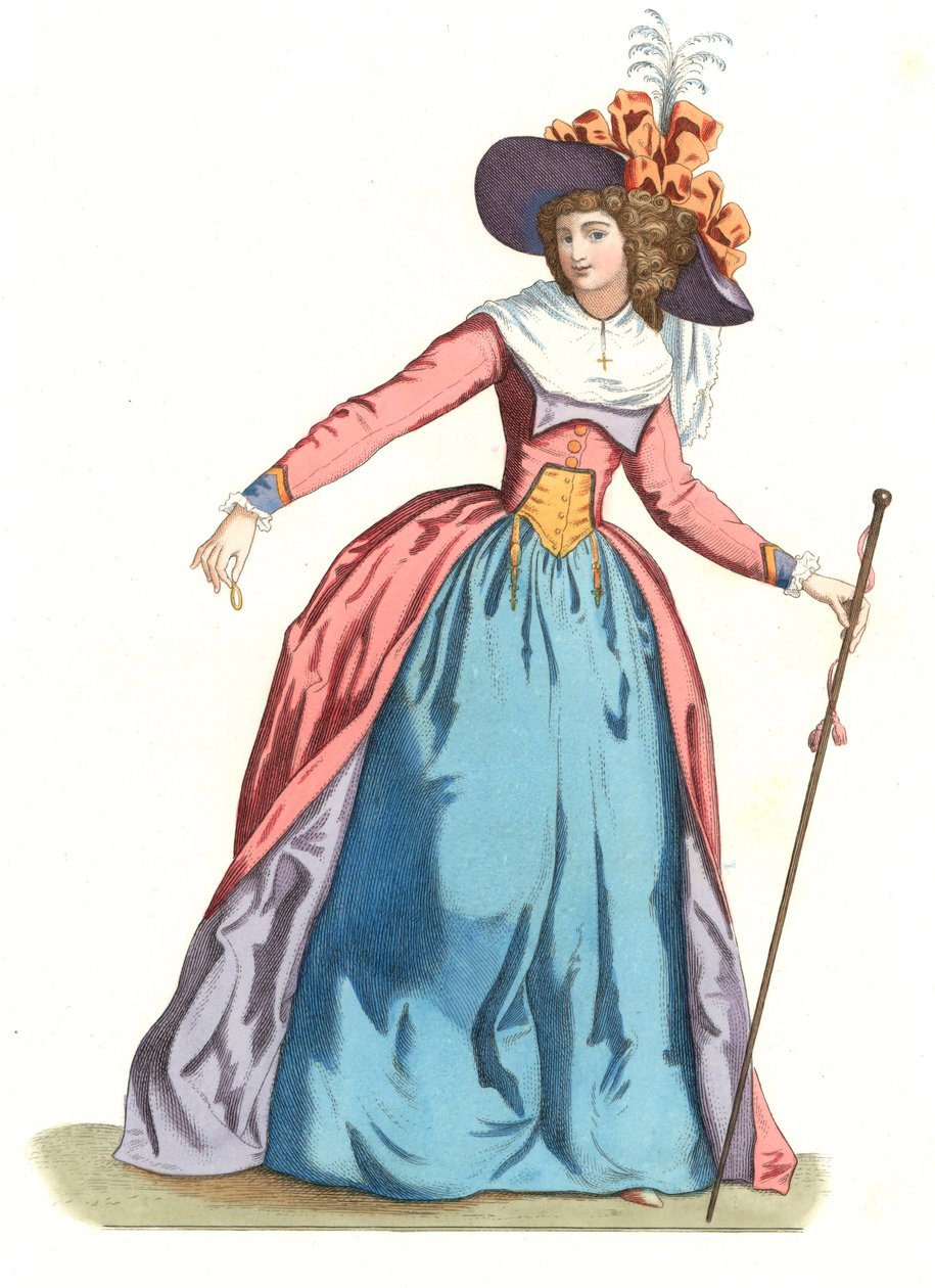 Ranskalainen nainen 1700-luvun muodissa - Litografia perustuu Edmond Lechevallier-Chevignardin (1825-1902) kuvitukseen teoksesta "Costumes historiques des 16th" tekijältä Edmond Lechevallier Chevignard