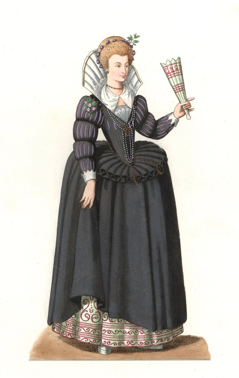 Ranskalainen nainen kuningas Henrik III:n (1551-1589) hallituksessa - Litografia perustuu Edmond Lechevallier-Chevignardin (1825-1902) kuvaan teoksesta Costumes historiques des 16th tekijältä Edmond Lechevallier Chevignard