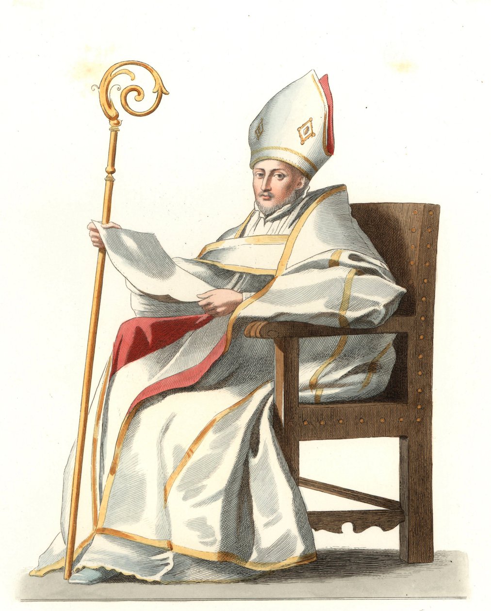 Espanjalainen Eveque 1500-luvulla, perustuu Bartolome Murillon (1617-1682) maalaukseen - Litografia perustuu Edmond Lechevallier-Chevignardin (1825-1902) kuvitukseen teoksesta "Costumes historiques des 16th" tekijältä Edmond Lechevallier Chevignard