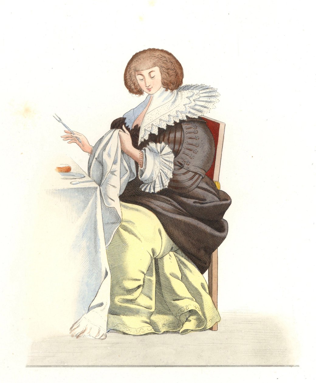 Ranskan aateliston nainen 1500-luvulla, Abraham Bossen (1602-1676) kaiverruksen jälkeen - Litografia Edmond Lechevallier-Chevignardin (1825-1902) kuvituksesta teoksesta "Costumes historiques des 16th" tekijältä Edmond Lechevallier Chevignard
