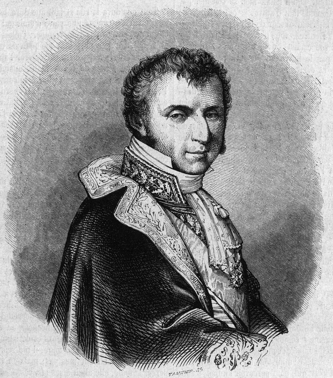 Ranskalaisen poliitikon Nicolas Francois Mollienin (1758-1850) muotokuva. Kaiverrus Chevignard in "" The Picturesque Store"" tekijältä Edmond Lechevallier Chevignard