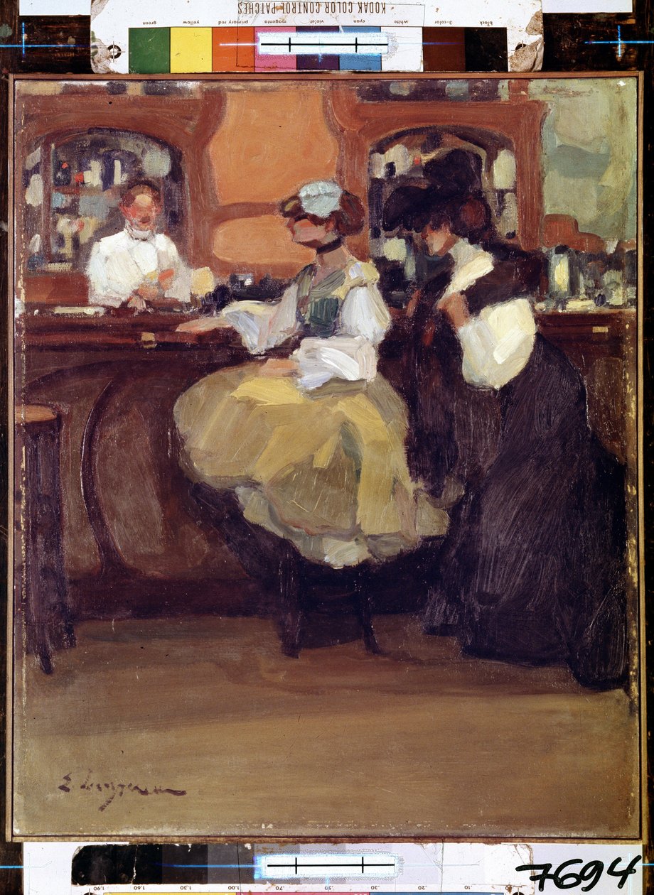 Belle Epoque: ""Tabarin-baari"" Asiakkaat Pariisin Pigallen kaupunginosassa sijaitsevan tarkistushuoneen (Bal) tiskillä. Edmond Lempereurin (1876-1909) maalaus 1905 Eremitaaši, Pietari (Pietari) tekijältä Edmond Lempereur