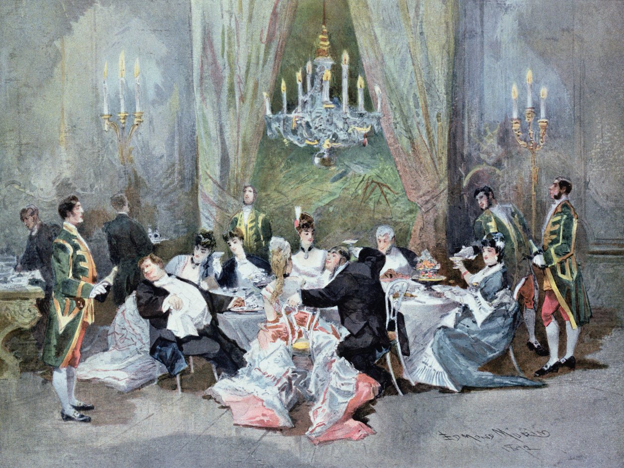II näytös, kohtaus 10 Henri Meilhacin (1830-97) ja Ludovic Halevyn (1834-1908) "Le Reveillonista" Palais-Royalissa, 1872 tekijältä Edmond Morin